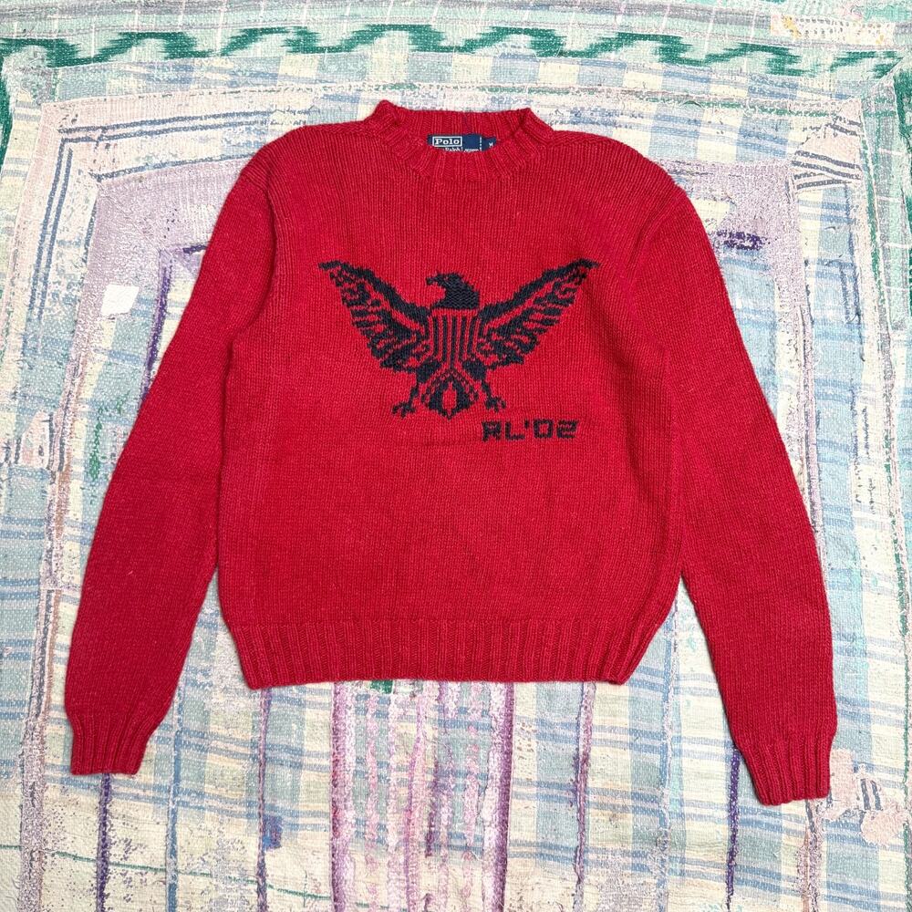 Vintage Polo Ralph Lauren Eagle RL ’02 2002 Red Hand Knit Crewneck Sweater M